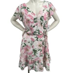Brannan Womens White Pink Green Floral Flutter SS Fit Flare Dress V Neck NWT Lge